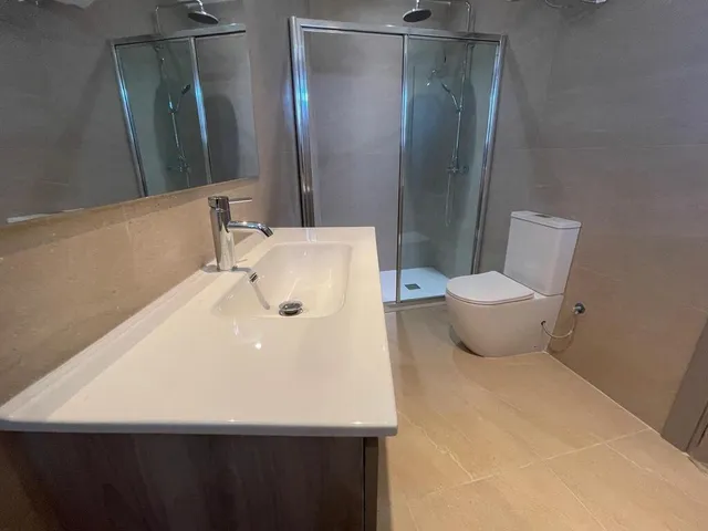 a bathroom with a sink, toilet and shower stall